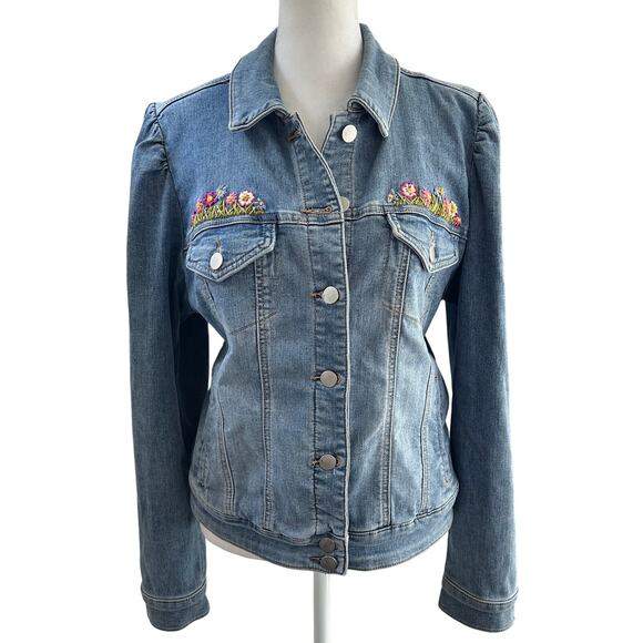 Boston Proper Medium Denim Blue Jean Jacket Floral Embroidered Cotton Stretch - Picture 1 of 7